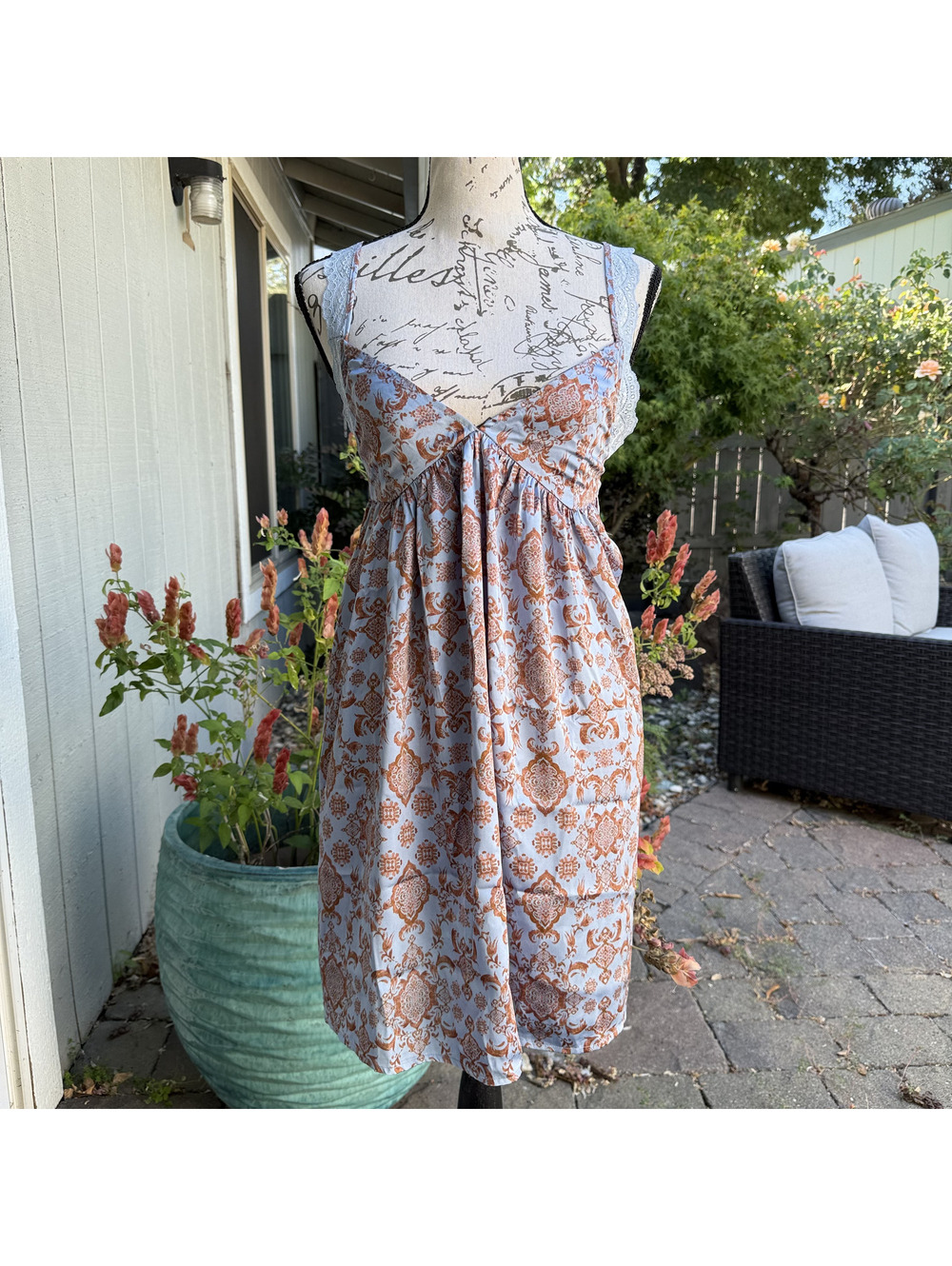 Free People Satin and Lace Slip Dress Babydoll Cloudy Blue Combo Sz M